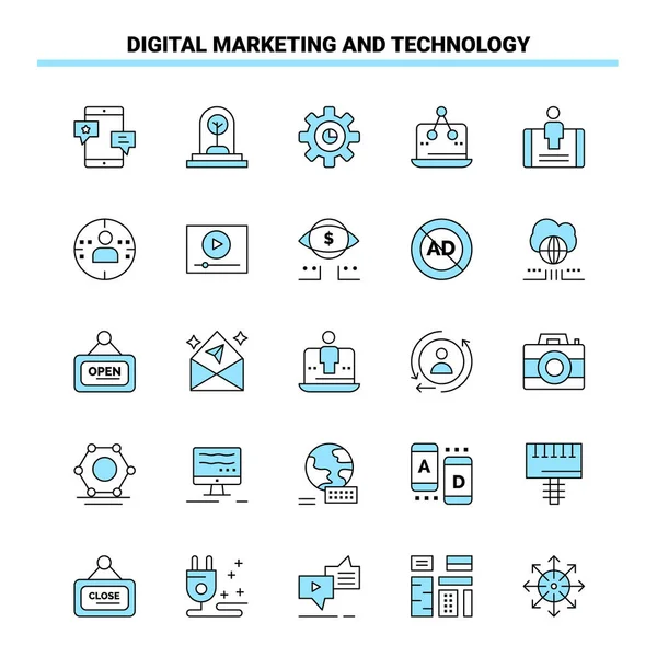 Digital Marketing Technology Schwarz Blaues Icon Set Kreatives Icon Design — Stockvektor