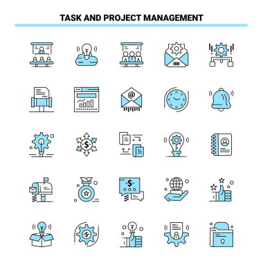 25 Görev ve Proje Yönetimi Siyah ve Mavi simge kümesi. Yaratıcı Simge Tasarımı ve logo şablonu