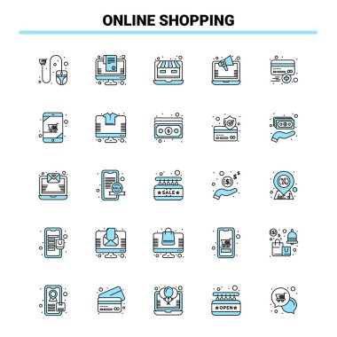Online Alışveriş Siyah ve Mavi ikon seti. Yaratıcı Simge Tasarımı