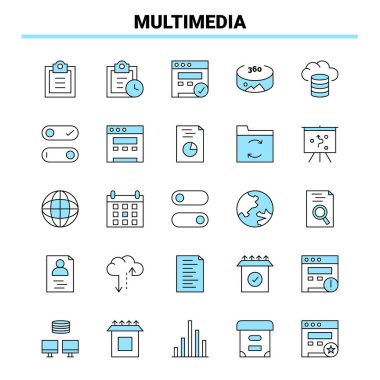 25 Multimedya Siyah ve Mavi simge seti. Yaratıcı Simge Tasarımı ve 