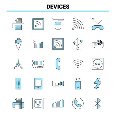 25 Aygıt Siyah ve Mavi simge kümesi. Yaratıcı Simge Tasarımı ve Günlük Kaydı