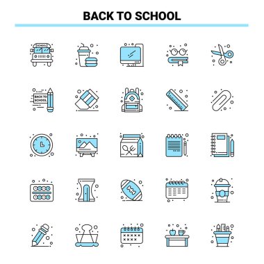 25 To School siyah ve mavi ikon seti. Yaratıcı Simge Tasarımı ve logo şablonu
