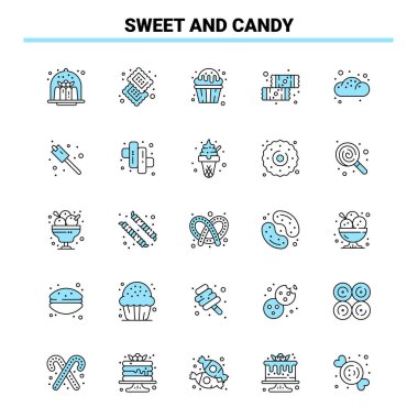 25 Sweet and Candy Black and Blue ikon seti. Yaratıcı Simge Tasarımı