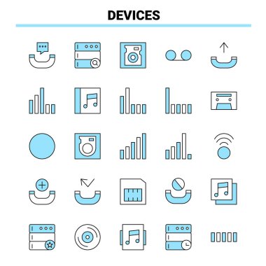 25 Aygıt Siyah ve Mavi simge kümesi. Yaratıcı Simge Tasarımı ve Günlük Kaydı
