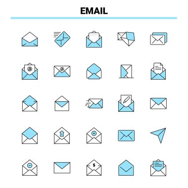 25 E- posta Siyah ve Mavi simge seti. Yaratıcı Simge Tasarımı ve logo şablonu