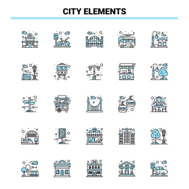 25 City Elements Black and Blue icon Set. Creative Icon Design a