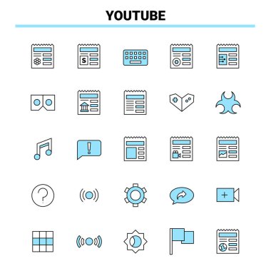 25 Youtube Siyah ve Mavi simge seti. Yaratıcı Simge Tasarımı ve Günlük Kaydı