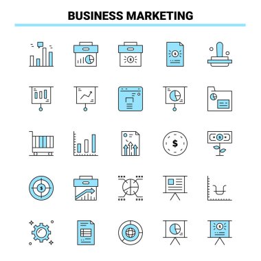25 Business Marketing Black and Blue ikon seti. Yaratıcı Simge Des