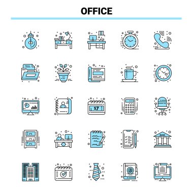 25 Ofis Siyah ve Mavi ikon seti. Yaratıcı Simge Tasarımı ve logosu