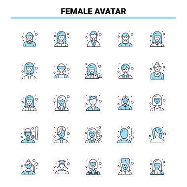 25 Dişi Avatar Siyah ve Mavi ikon Seti. Yaratıcı Simge Tasarımı a