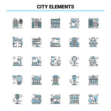 25 City Elements Black and Blue icon Set. Creative Icon Design a