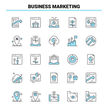 25 Business Marketing Black and Blue ikon seti. Yaratıcı Simge Tasarımı ve logo şablonu