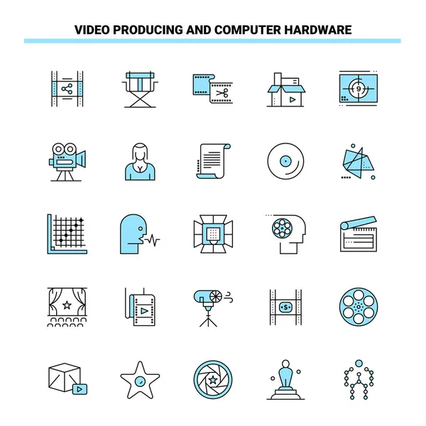 25视频制作和计算机硬件 黑色和蓝色图标集 创意图标设计和标识模板 — 图库矢量图片