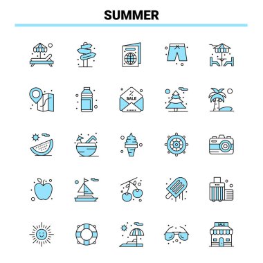 25 Yaz Siyah ve Mavi ikon Seti. Yaratıcı Simge Tasarımı ve logo şablonu