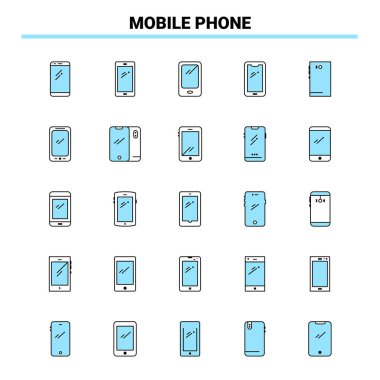 25 Cep Telefonu Siyah ve Mavi simge seti. Yaratıcı Simge Tasarımı ve logo şablonu