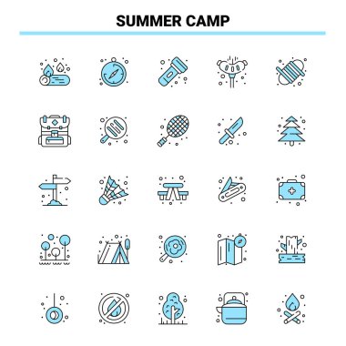 25 Yaz Kampı Siyah ve Mavi ikon seti. Yaratıcı Simge Tasarımı ve logo şablonu