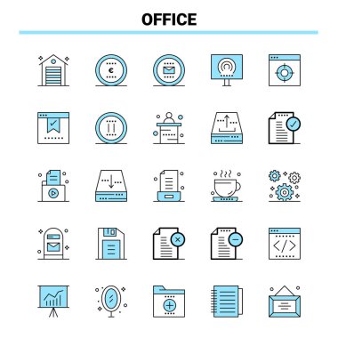 25 Ofis Siyah ve Mavi ikon seti. Yaratıcı Simge Tasarımı ve logosu