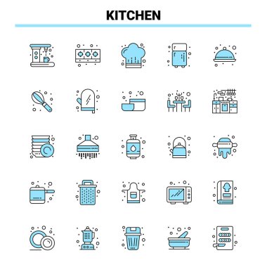 25 Mutfak Siyah ve Mavi ikon Seti. Yaratıcı Simge Tasarımı ve Günlük Kaydı