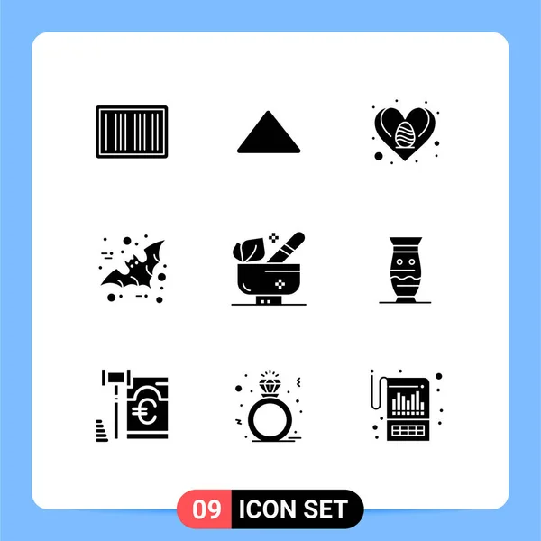 ウェブサイトのための9つの固体グリフの概念モバイルとアプリのリラクゼーション イースター ハロウィン バット編集可能なベクトルデザイン要素 — ストックベクタ