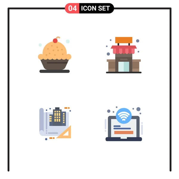 Set Commercial Flat Icons Pack Baking Building Dessert Shop Blueprint — Stock Vector