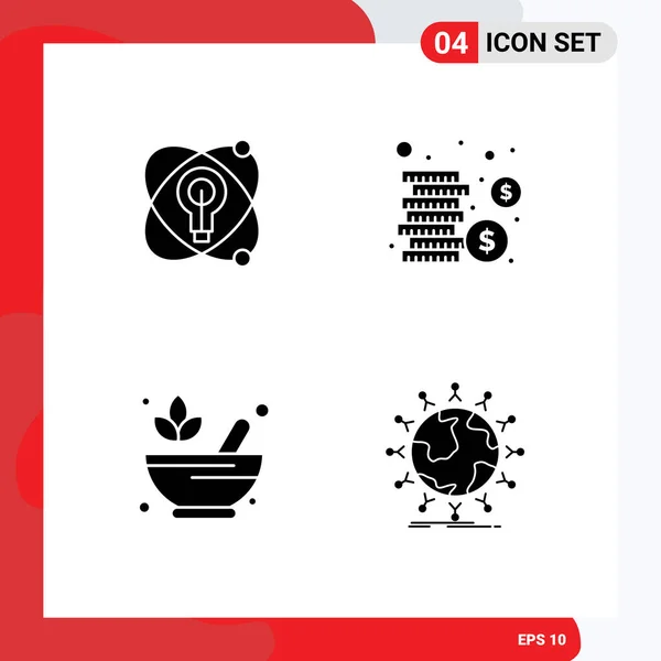 Mobile Interface Solid Glyph Set Pictograms Atom Bulb Money Global — Stockový vektor