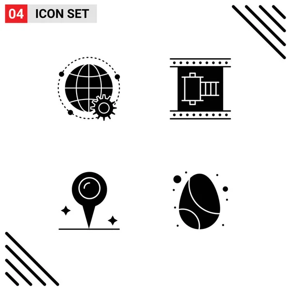 Solid Glyph Pack Mit Universellen Symbolen Für Verbundene Filmstreifen Globus — Stockvektor