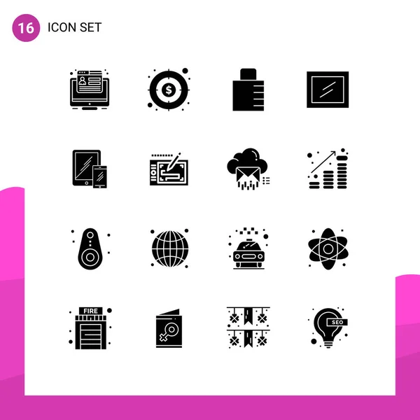 Universal Icon Symbols Grupo Glifos Sólidos Modernos Tableta Negocio Llave — Vector de stock