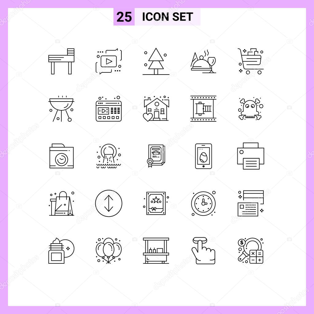 25 Universal Line Signs Symbols of buy, glass, forest, food, hotel Editable Vector Design Elements