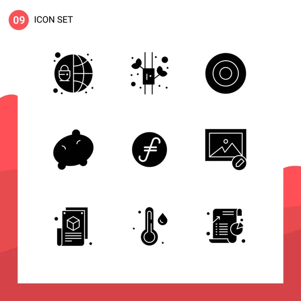 Mobile Interface Solid Glyph Set Pictograms Edit Crypto Symbolism Coin — Stock Vector