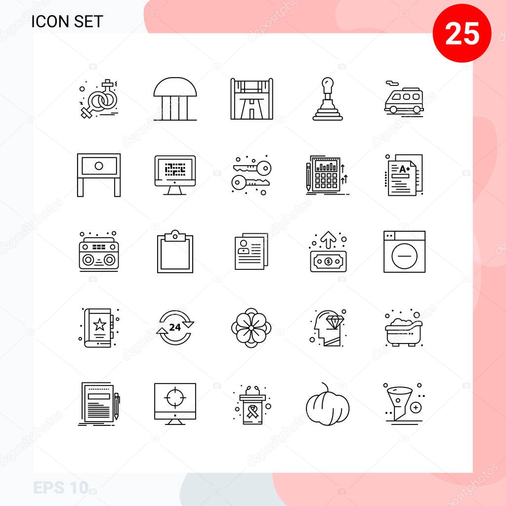Mobile Interface Line Set of 25 Pictograms of van, bus, checkpoint, gearbox, car Editable Vector Design Elements