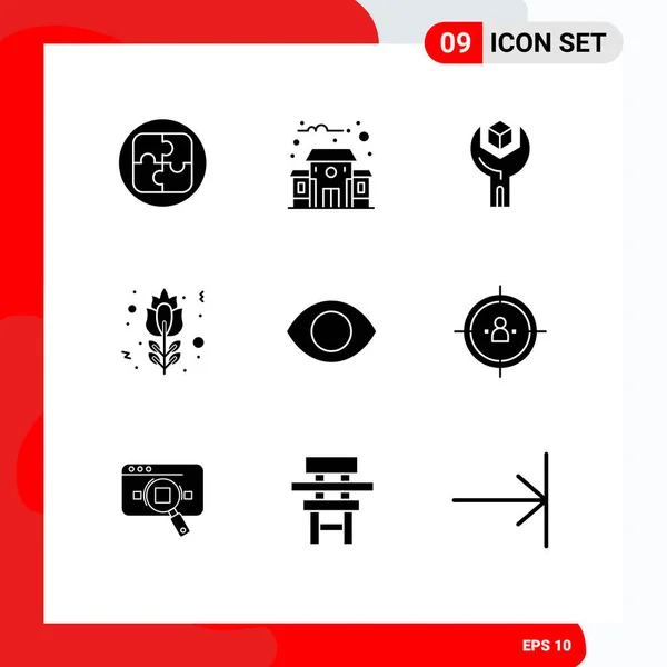 Modern Set Solid Glyphs Pictograph Face Rose Develop Red Rose — Stock Vector