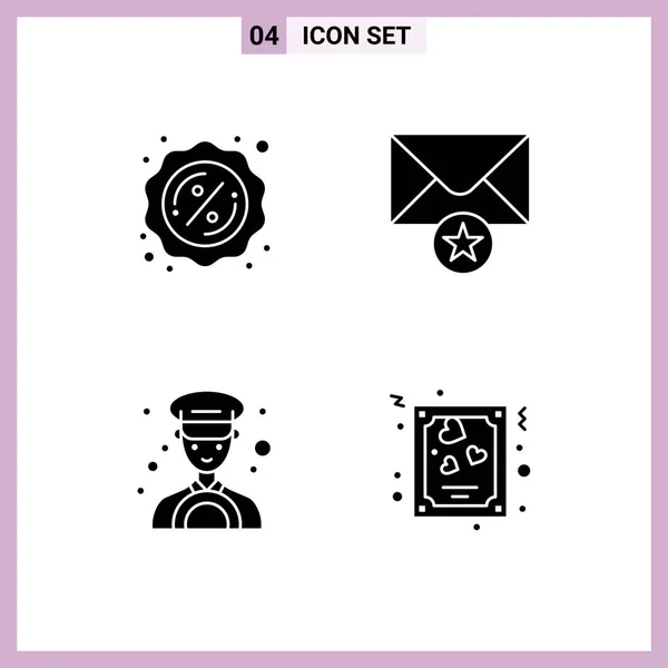 Solid Glyph Pack Universal Symbols Percent Card Mail Car Love — Stock Vector