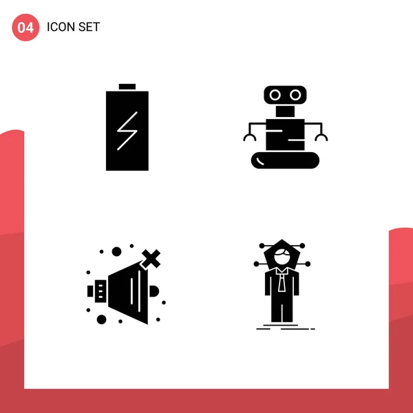 Modern Set Solid Glyphs Pictograph Battery Sound Electric Robot Business — Stock Vector