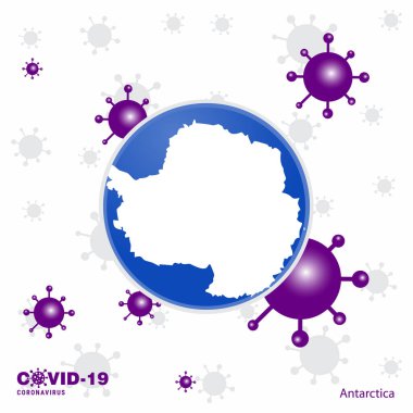 Antarktika için dua et. COVID-19 Coronavirüs Tipografi Bayrağı. Evde kal, sağlığına dikkat et. Sağlığına dikkat et.