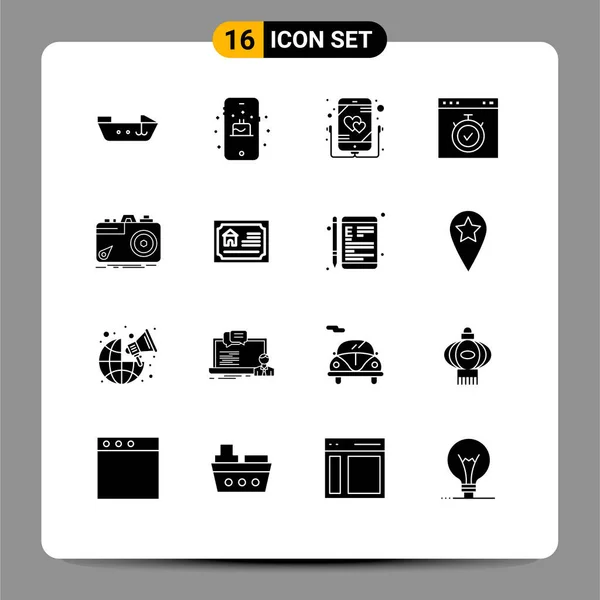 キャプチャ カメラ モバイル ページ編集可能なベクトルデザイン要素などの16のモダンなソリッドグリフ記号とウェブ印刷メディアのシンボルのパック — ストックベクタ