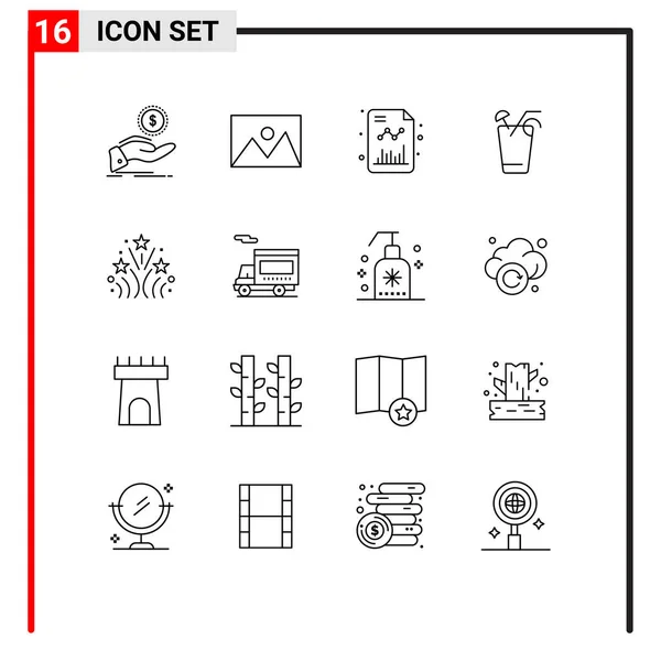 Universal Icon Symbols Grupo Contornos Modernos Primavera Bebida Casa Jugo — Vector de stock