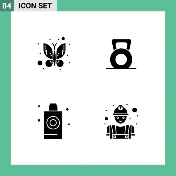 Set Modern Icons Symbols Signs Butterfly Room Dumbbell Lift Builder — Stock Vector