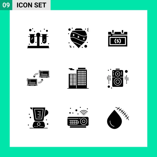 Universal Icon Symbols Gruppo Moderni Glifi Solidi Sincronizzazione Collegamento Calendario — Vettoriale Stock