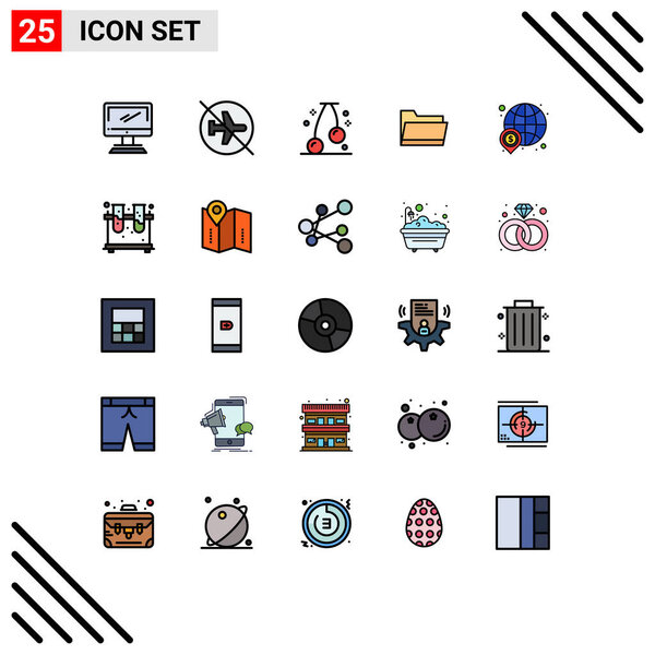 Modern Set of 25 Filled line Flat Colors and symbols such as dollar, data, off, open, fruit Editable Vector Design Elements