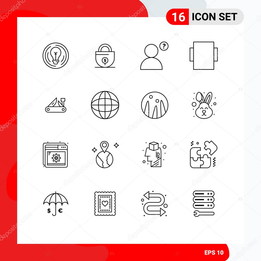 16 Thematic Vector Outlines and Editable Symbols of swiss, multitool, lock, knife, rotate Editable Vector Design Elements