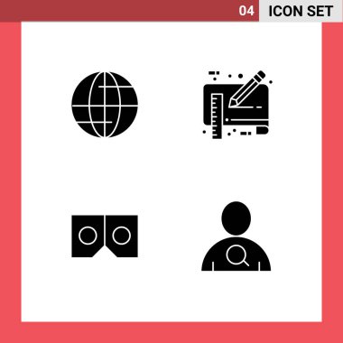 Küresel, vr, mavi baskı, kalem, çalışan, Düzenlenebilir Vektör Tasarım Elemanları için 4 Katı Şekil ve Sembolden oluşan bir grup