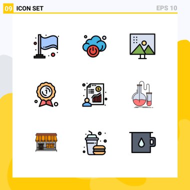 Sunum, grafik, fotoğraf, madalya, ödül rozeti düzenleme elementlerinin 9 Basit Dosya Çizgisi Düz Renkleri kümesi
