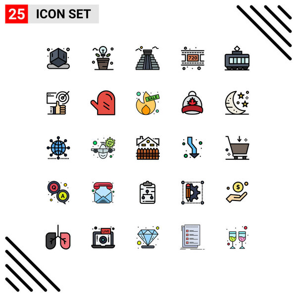 25 Filled line Flat Color concept for Websites Mobile and Apps transport, railroad, building, video, movie Editable Vector Design Elements