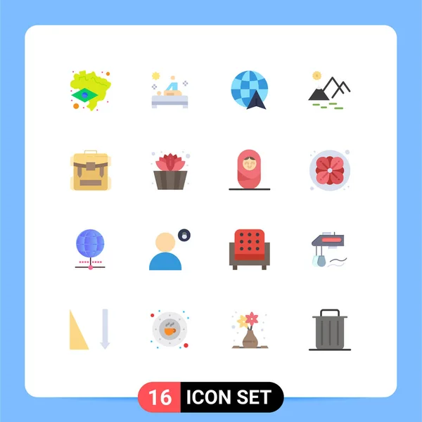 Set Modern Icons Symbols Signs Hiking Camping Globe Bag Sun — Stock Vector