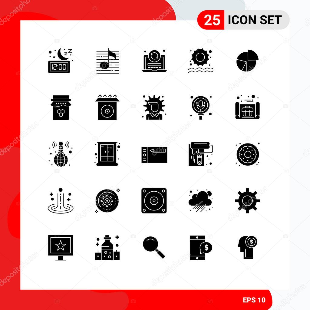Mobile Interface Solid Glyph Set of 25 Pictograms of chart, sun, sound, beach, reload Editable Vector Design Elements