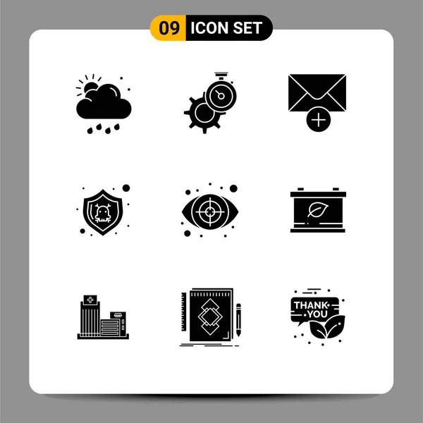 Modern Set Solid Glyphs Symbols Eye Shield Watch Security Danger — Stock Vector