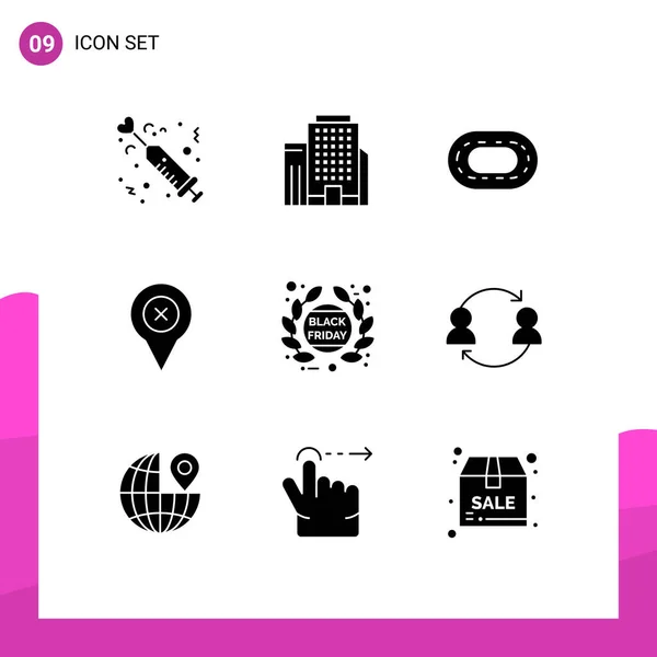 Pictogram Set Simple Solid Glyphs Discount Tag Stadium Map Pin — Stock Vector