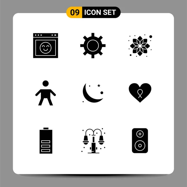 Modern Set Solid Glyphs Symbols Moon Crescent Beauty People Child — Stock Vector