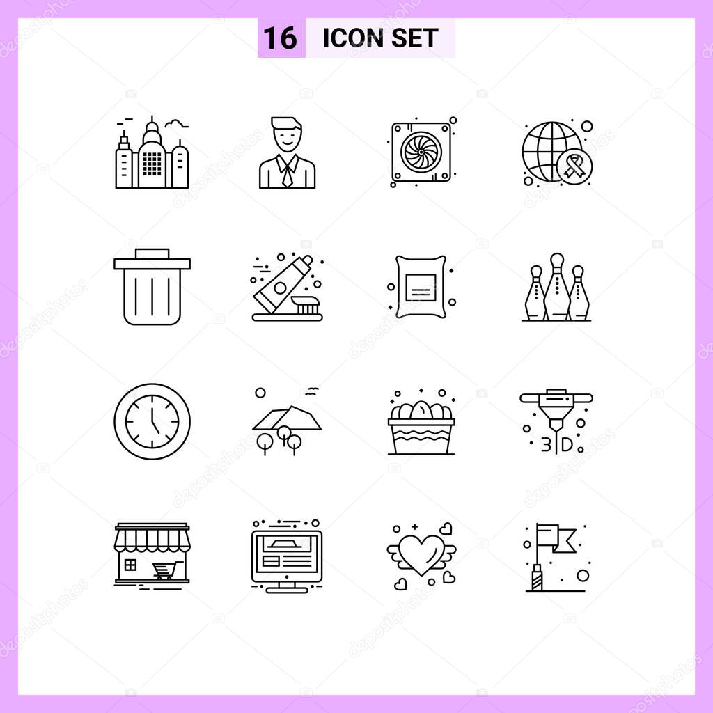 Group of 16 Outlines Signs and Symbols for dentifrice, world, computer, day, awareness Editable Vector Design Elements