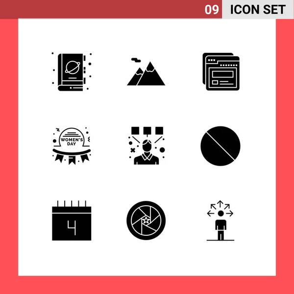 2017 Mobile Interface Solid Glyph Set Pictograms Design Women Page — 스톡 벡터